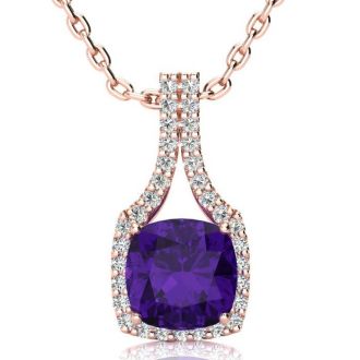 2 1/2 Carat Cushion Cut Amethyst and Classic Halo Diamond Necklace In 14 Karat Rose Gold, 18 Inches