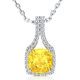 2 1/2 Carat Cushion Cut Citrine and Classic Halo Diamond Necklace In 14 Karat White Gold, 18 Inches