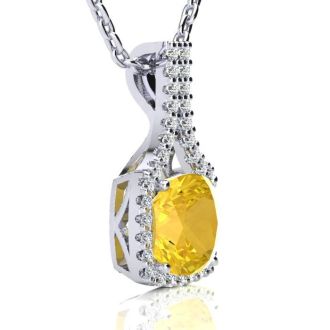 2 1/2 Carat Cushion Cut Citrine and Classic Halo Diamond Necklace In 14 Karat White Gold, 18 Inches