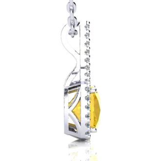 2 1/2 Carat Cushion Cut Citrine and Classic Halo Diamond Necklace In 14 Karat White Gold, 18 Inches