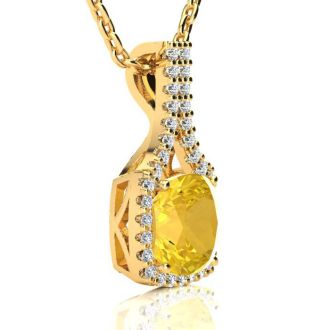 2 1/2 Carat Cushion Cut Citrine and Classic Halo Diamond Necklace In 14 Karat Yellow Gold, 18 Inches