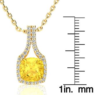 2 1/2 Carat Cushion Cut Citrine and Classic Halo Diamond Necklace In 14 Karat Yellow Gold, 18 Inches