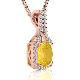 2 1/2 Carat Cushion Cut Citrine and Classic Halo Diamond Necklace In 14 Karat Rose Gold, 18 Inches