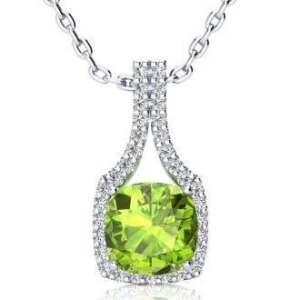 3 Carat Cushion Cut Peridot and Classic Halo Diamond Necklace In 14 Karat White Gold, 18 Inches