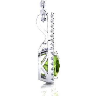 3 Carat Cushion Cut Peridot and Classic Halo Diamond Necklace In 14 Karat White Gold, 18 Inches