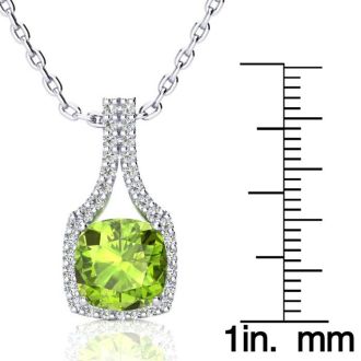 3 Carat Cushion Cut Peridot and Classic Halo Diamond Necklace In 14 Karat White Gold, 18 Inches
