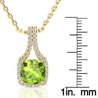 3 Carat Cushion Cut Peridot and Classic Halo Diamond Necklace In 14 Karat Yellow Gold, 18 Inches