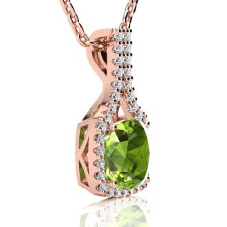 3 Carat Cushion Cut Peridot and Classic Halo Diamond Necklace In 14 Karat Rose Gold, 18 Inches