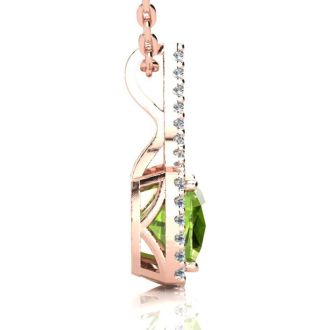 3 Carat Cushion Cut Peridot and Classic Halo Diamond Necklace In 14 Karat Rose Gold, 18 Inches