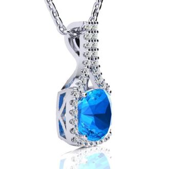 3 Carat Cushion Cut Blue Topaz and Classic Halo Diamond Necklace In 14 Karat White Gold, 18 Inches