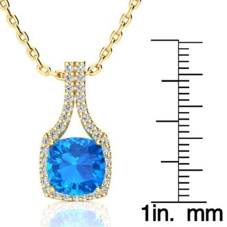 3 Carat Cushion Cut Blue Topaz and Classic Halo Diamond Necklace In 14 Karat Yellow Gold, 18 Inches, CLEARANCE