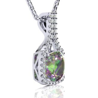 2-1/2 Carat Cushion Shape Mystic Topaz Necklace With Diamond Halo In 14 Karat White Gold, 18 Inches
