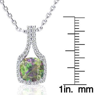 2-1/2 Carat Cushion Shape Mystic Topaz Necklace With Diamond Halo In 14 Karat White Gold, 18 Inches
