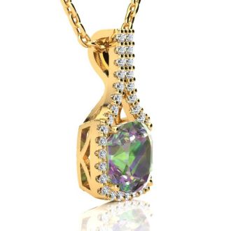 2-1/2 Carat Cushion Shape Mystic Topaz Necklace With Diamond Halo In 14 Karat Yellow Gold, 18 Inches