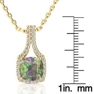 2-1/2 Carat Cushion Shape Mystic Topaz Necklace With Diamond Halo In 14 Karat Yellow Gold, 18 Inches