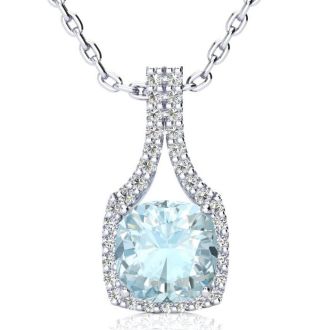 Aquamarine Necklace: Aquamarine Jewelry: 2 1/2 Carat Cushion Cut Aquamarine and Classic Halo Diamond Necklace In 14 Karat White Gold, 18 Inches