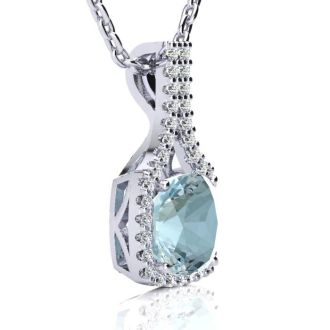Aquamarine Necklace: Aquamarine Jewelry: 2 1/2 Carat Cushion Cut Aquamarine and Classic Halo Diamond Necklace In 14 Karat White Gold, 18 Inches