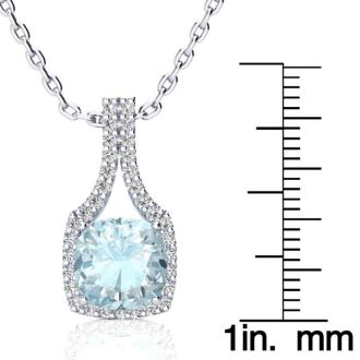 Aquamarine Necklace: Aquamarine Jewelry: 2 1/2 Carat Cushion Cut Aquamarine and Classic Halo Diamond Necklace In 14 Karat White Gold, 18 Inches