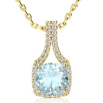 Aquamarine Necklace: Aquamarine Jewelry: 2 1/2 Carat Cushion Cut Aquamarine and Classic Halo Diamond Necklace In 14 Karat Yellow Gold, 18 Inches