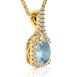 Aquamarine Necklace: Aquamarine Jewelry: 2 1/2 Carat Cushion Cut Aquamarine and Classic Halo Diamond Necklace In 14 Karat Yellow Gold, 18 Inches