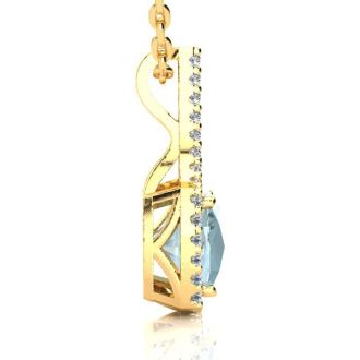 Aquamarine Necklace: Aquamarine Jewelry: 2 1/2 Carat Cushion Cut Aquamarine and Classic Halo Diamond Necklace In 14 Karat Yellow Gold, 18 Inches