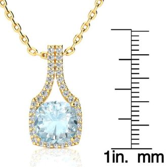 Aquamarine Necklace: Aquamarine Jewelry: 2 1/2 Carat Cushion Cut Aquamarine and Classic Halo Diamond Necklace In 14 Karat Yellow Gold, 18 Inches