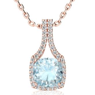 Aquamarine Necklace: Aquamarine Jewelry: 2 1/2 Carat Cushion Cut Aquamarine and Classic Halo Diamond Necklace In 14 Karat Rose Gold, 18 Inches