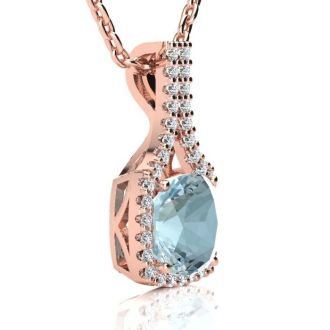 Aquamarine Necklace: Aquamarine Jewelry: 2 1/2 Carat Cushion Cut Aquamarine and Classic Halo Diamond Necklace In 14 Karat Rose Gold, 18 Inches