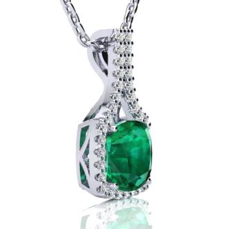 2-1/2 Carat Cushion Shape Emerald Necklaces With Diamond Halo In 14 Karat White Gold, 18 Inch Chain