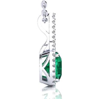 2-1/2 Carat Cushion Shape Emerald Necklaces With Diamond Halo In 14 Karat White Gold, 18 Inch Chain