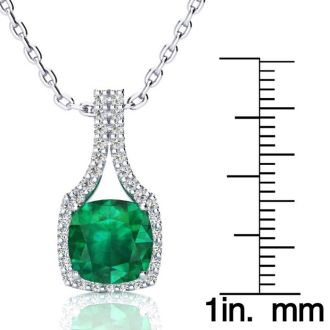 2-1/2 Carat Cushion Shape Emerald Necklaces With Diamond Halo In 14 Karat White Gold, 18 Inch Chain