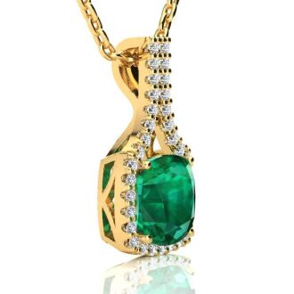 2-1/2 Carat Cushion Shape Emerald Necklaces With Diamond Halo In 14 Karat Yellow Gold, 18 Inch Chain