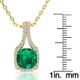2-1/2 Carat Cushion Shape Emerald Necklaces With Diamond Halo In 14 Karat Yellow Gold, 18 Inch Chain