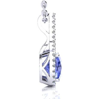 3 Carat Cushion Cut Tanzanite and Classic Halo Diamond Necklace In 14 Karat White Gold, 18 Inches