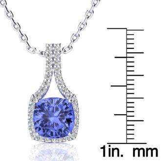 3 Carat Cushion Cut Tanzanite and Classic Halo Diamond Necklace In 14 Karat White Gold, 18 Inches