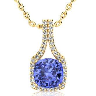 3 Carat Cushion Cut Tanzanite and Classic Halo Diamond Necklace In 14 Karat Yellow Gold, 18 Inches