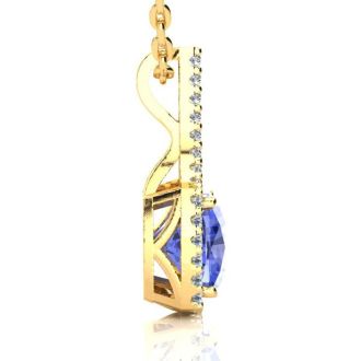 3 Carat Cushion Cut Tanzanite and Classic Halo Diamond Necklace In 14 Karat Yellow Gold, 18 Inches