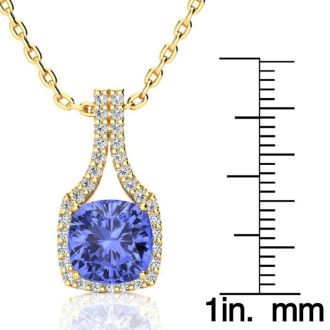 3 Carat Cushion Cut Tanzanite and Classic Halo Diamond Necklace In 14 Karat Yellow Gold, 18 Inches