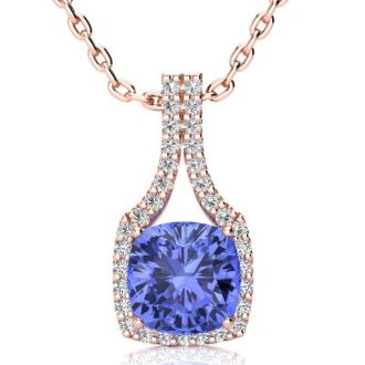 3 Carat Cushion Cut Tanzanite and Classic Halo Diamond Necklace In 14 Karat Rose Gold, 18 Inches
