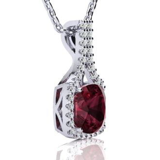 Garnet Necklace: Garnet Jewelry: 3 2/3 Carat Cushion Cut Garnet and Classic Halo Diamond Necklace In 14 Karat White Gold, 18 Inches