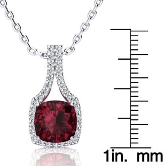 Garnet Necklace: Garnet Jewelry: 3 2/3 Carat Cushion Cut Garnet and Classic Halo Diamond Necklace In 14 Karat White Gold, 18 Inches