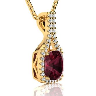 Garnet Necklace: Garnet Jewelry: 3 2/3 Carat Cushion Cut Garnet and Classic Halo Diamond Necklace In 14 Karat Yellow Gold, 18 Inches