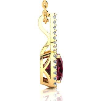 Garnet Necklace: Garnet Jewelry: 3 2/3 Carat Cushion Cut Garnet and Classic Halo Diamond Necklace In 14 Karat Yellow Gold, 18 Inches