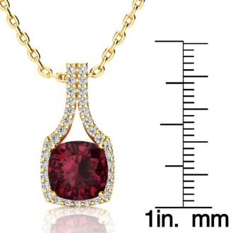 Garnet Necklace: Garnet Jewelry: 3 2/3 Carat Cushion Cut Garnet and Classic Halo Diamond Necklace In 14 Karat Yellow Gold, 18 Inches