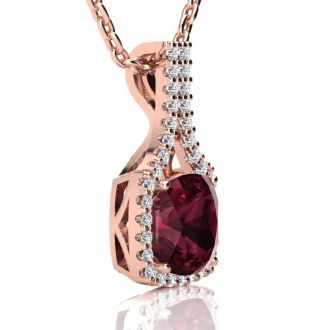 Garnet Necklace: Garnet Jewelry: 3 2/3 Carat Cushion Cut Garnet and Classic Halo Diamond Necklace In 14 Karat Rose Gold, 18 Inches
