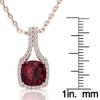 Garnet Necklace: Garnet Jewelry: 3 2/3 Carat Cushion Cut Garnet and Classic Halo Diamond Necklace In 14 Karat Rose Gold, 18 Inches