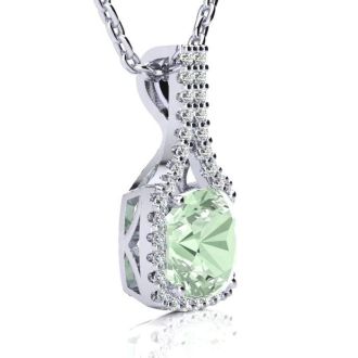 2 1/2 Carat Cushion Cut Green Amethyst and Classic Halo Diamond Necklace In 14 Karat White Gold, 18 Inches