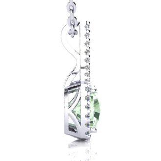 2 1/2 Carat Cushion Cut Green Amethyst and Classic Halo Diamond Necklace In 14 Karat White Gold, 18 Inches