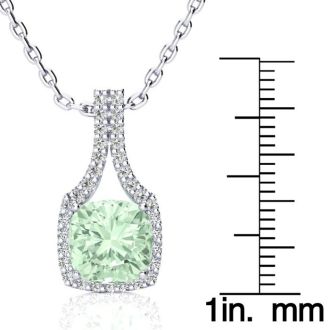 2 1/2 Carat Cushion Cut Green Amethyst and Classic Halo Diamond Necklace In 14 Karat White Gold, 18 Inches