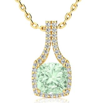 2 1/2 Carat Cushion Cut Green Amethyst and Classic Halo Diamond Necklace In 14 Karat Yellow Gold, 18 Inches